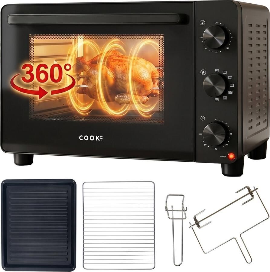 Media Evolution COOK-IT Vrijstaande Oven 46L 6 Ovenstanden Hetelucht PFAS Vrij Grill Draaispit 90 tot 230°C Zwart