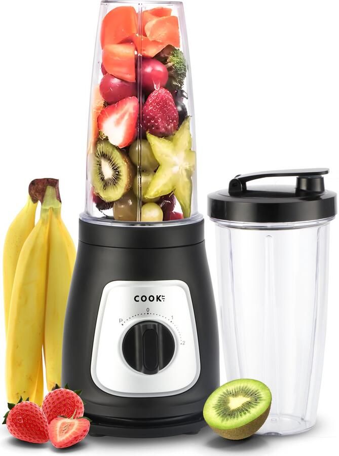 Media Evolution Smoothie Maker Pro 350W 2 Snelheden + Pulsefunctie RVS Messen 750ml 2 To-Go Bekers BPA-vrij Blender To Go COOK-IT