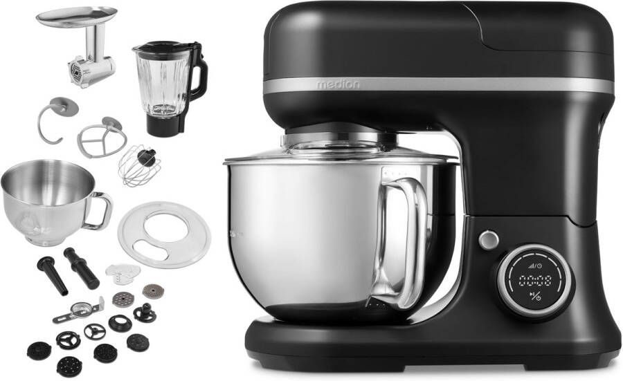 MEDION 3 in 1 universele keukenmachine (digitaal 1200 watt 8 standen mengen kneden roeren hakkenmolen ijskom voor het bereiden van ijs digitaal aanraakscherm MD18430) zwart