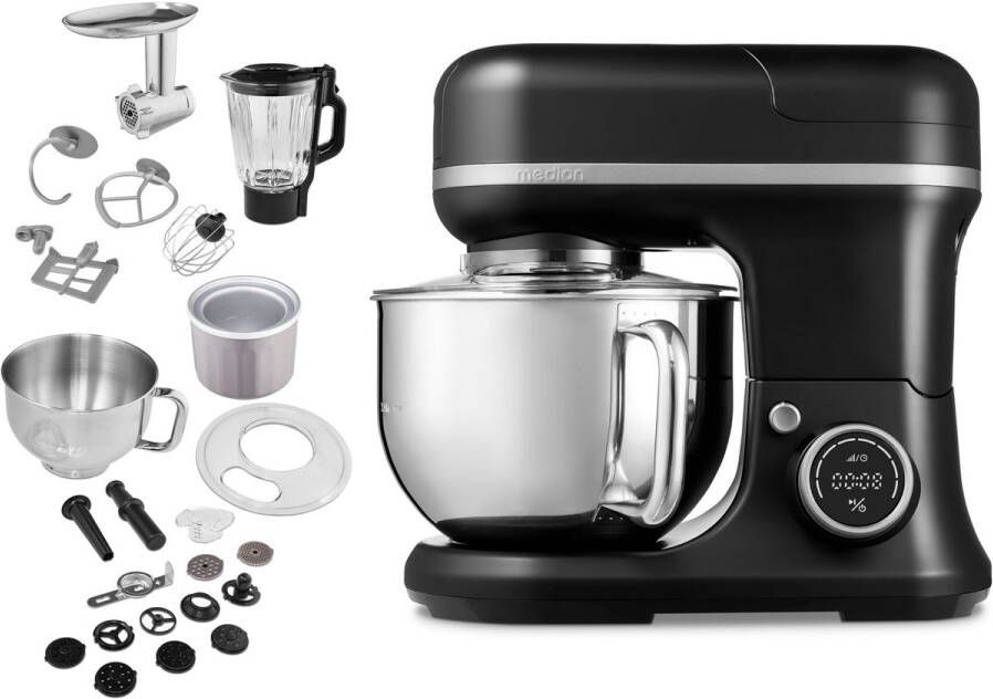 MEDION 4 in 1 universele keukenmachine (1200 watt 8 standen mengen kneden roeren hakken ijskom voor het bereiden van ijs digitaal display MD18440) zwart