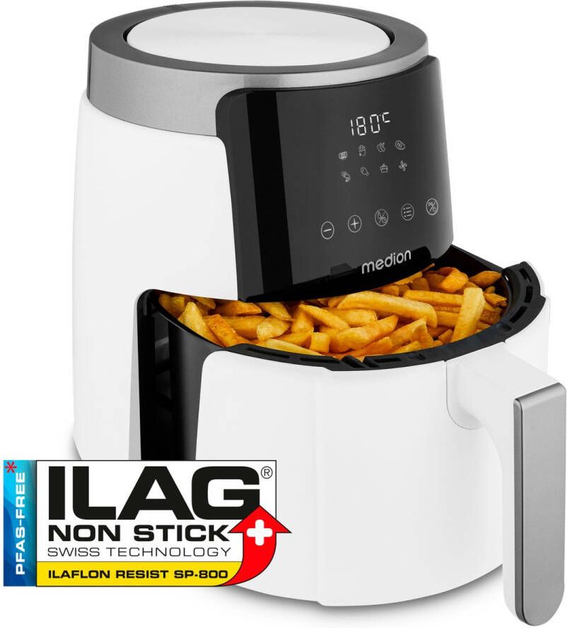 MEDION Airfryer P40 L (4 7 liter Heteleuchtfriteuse 1500 watt eenvoudige bediening olievrij frituren 60 min timer tot 200° C antiaanbaklaag MD13030) wit
