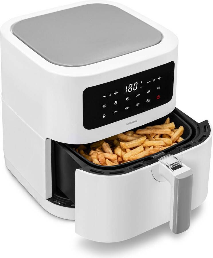 MEDION E40 Airfryer XL Heteluchtfriteuse XXL Frituurmand 5 3 liter Hetelucht Oven 2.150 Watt 9 automatische programma's Bakfunctie LED-display wit