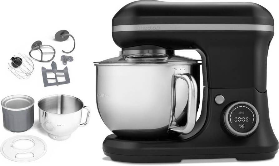 MEDION keukenmachine (1.200 watt 8 standen mengen kneden roeren digitaal display 5 liter roestvrijstalen kom ijskom voor het bereiden van ijs MD18420) zwart