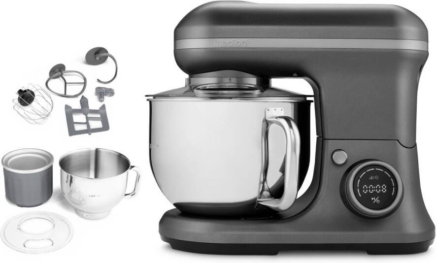 MEDION keukenmachine (1.200 watt 8 standen mengen kneden roeren digitaal display 5 liter roestvrijstalen kom ijskom voor het bereiden van ijs MD18420) antraciet