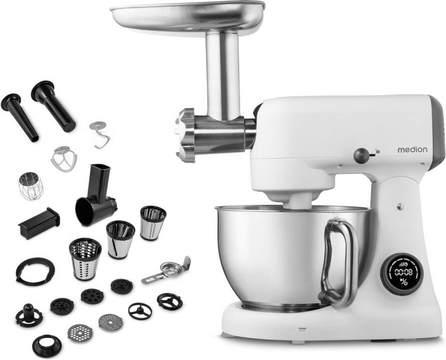 MEDION keukenmachine met hakmolen (800 watt gelijkstroommotor roestvrijstalen kom van 4 6 liter energiebesparend ultrastil digitaal sensor-touch-display MD12600) Wit