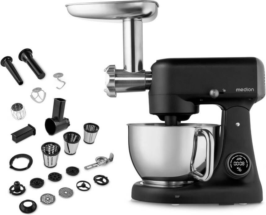 MEDION keukenmachine met vleesmolen (800 watt gelijkstroommotor roestvrijstalen kom van 4 6 liter energiebesparend zeer stil digitaal sensor-touch-display MD12600) Zwart