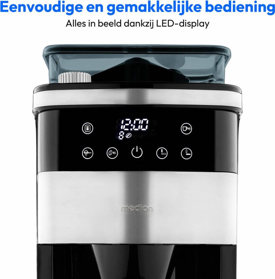 MEDION koffiezetapparaat met molen en thermoskan (1 liter max. 8 kopjes 8 maalinstellingen max. 1000 watt timer LED-display druppelstop permanent filter MD19911)