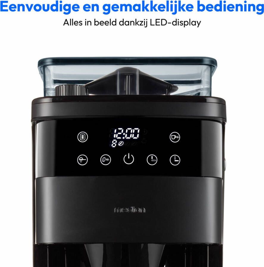 MEDION koffiezetapparaat met molen en thermoskan (1 liter max. 8 kopjes 8 maalinstellingen max. 1000 watt timer LED-display druppelstop permanent filter MD19911)