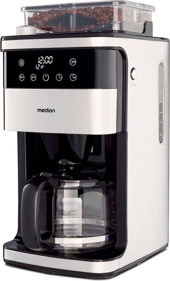 MEDION koffiezetapparaat met maler en glazen kan (1 5 liter max. 12 kopjes 8 maalinstellingen max. 1050 watt 24-uurs timer LED-display druppelstop permanent filter MD19899)