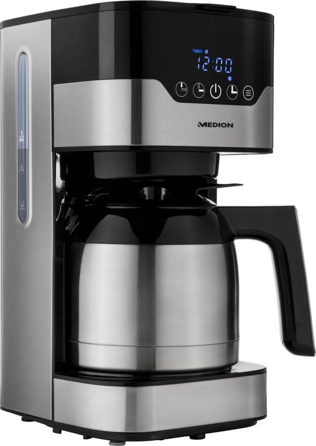 MEDION koffiezetapparaat met thermoskan en timer (filterapparaat 8 kopjes 1 2 liter 900 watt 3 standen warmhoudfunctie timer anti-druppel display MD18458) roestvrij staal