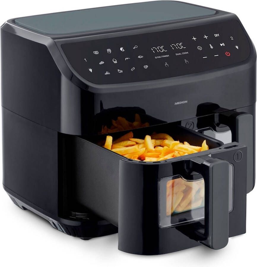 MEDION P20 XXL Dubbele Airfryer (8 7 liter 2.600 watt heteluchtfriteuse met 2 kamers kijkvenster 9 automatische programma's 2 lades Dual Airfryer Dual Cook & Sync finish functie) zwart
