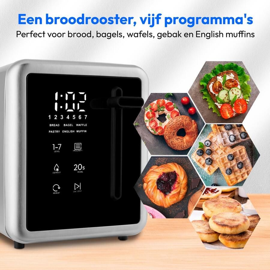 MEDION Broodrooster MD12102 (2 sleuven LED-aanraakscherm 7 bruiningsniveaus 5 automatische programma s) zilver