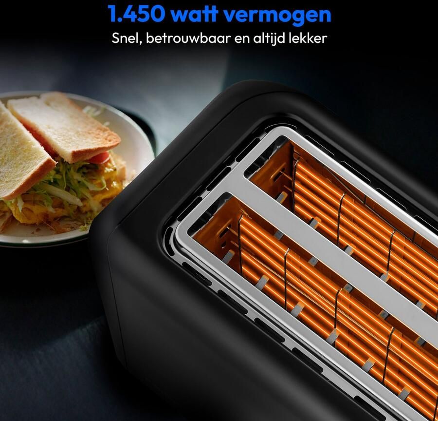 MEDION Broodrooster voor 4 sneetjes met broodjesopzet (7 bruiningsniveaus 5 programma s 1.450 W 2 lange sleuven ontdooien opwarmen mat RVS MD12103) zwart - Foto 3