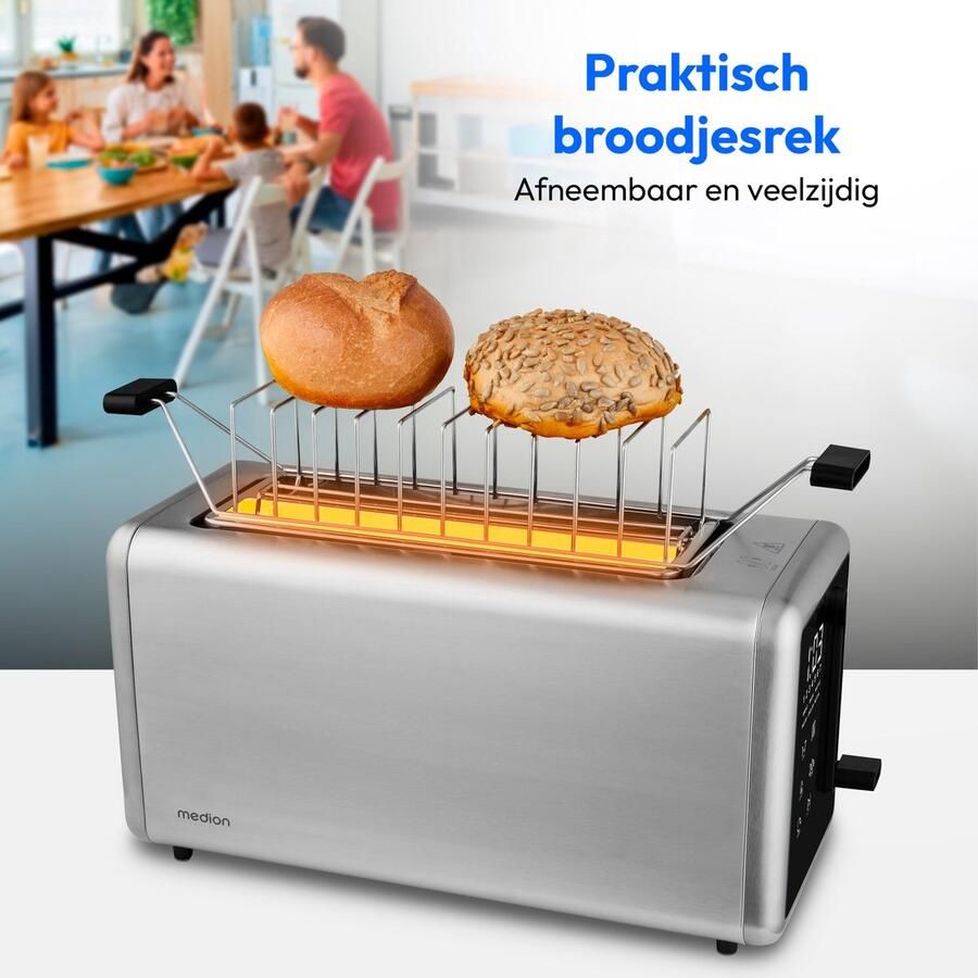 MEDION Broodrooster voor 4 sneetjes met broodjesopzet (7 bruiningsniveaus 5 programma s 1.450 W 2 lange sleuven ontdooien opwarmen kruimellade mat RVS MD12103) zilver - Foto 4