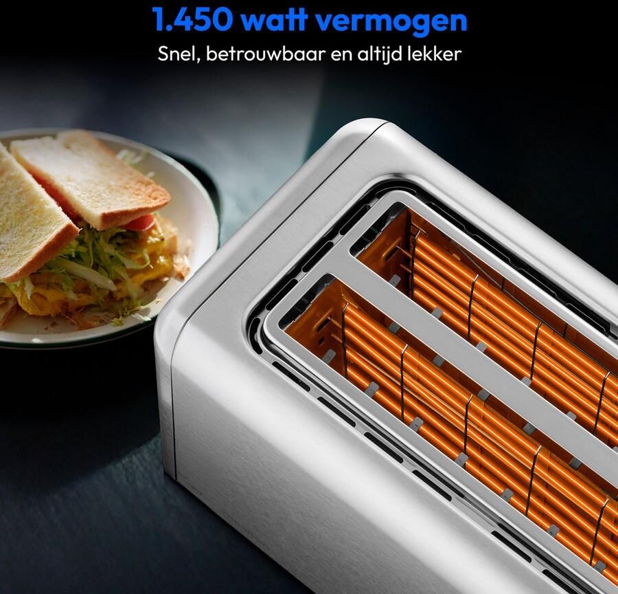 MEDION Broodrooster voor 4 sneetjes met broodjesopzet (7 bruiningsniveaus 5 programma s 1.450 W 2 lange sleuven ontdooien opwarmen kruimellade mat RVS MD12103) zilver - Foto 2