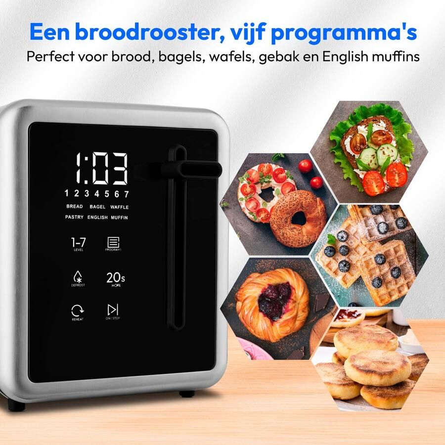 MEDION Broodrooster voor 4 sneetjes met broodjesopzet (7 bruiningsniveaus 5 programma s 1.450 W 2 lange sleuven ontdooien opwarmen kruimellade mat RVS MD12103) zilver