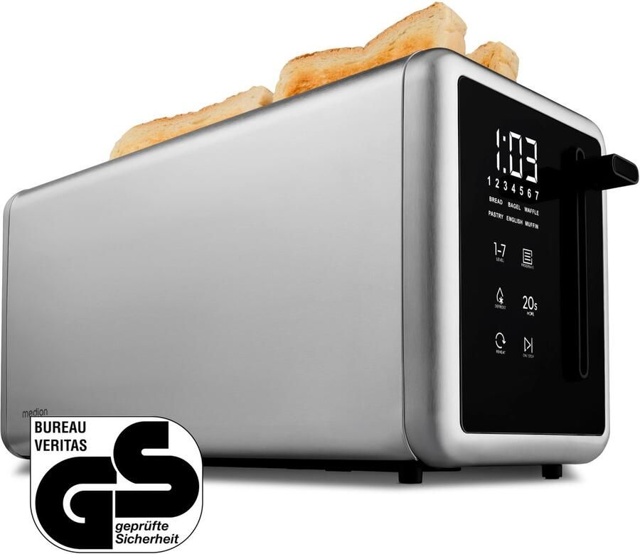 MEDION Broodrooster voor 4 sneetjes met broodjesopzet (7 bruiningsniveaus 5 programma s 1.450 W 2 lange sleuven ontdooien opwarmen kruimellade mat RVS MD12103) zilver - Foto 3