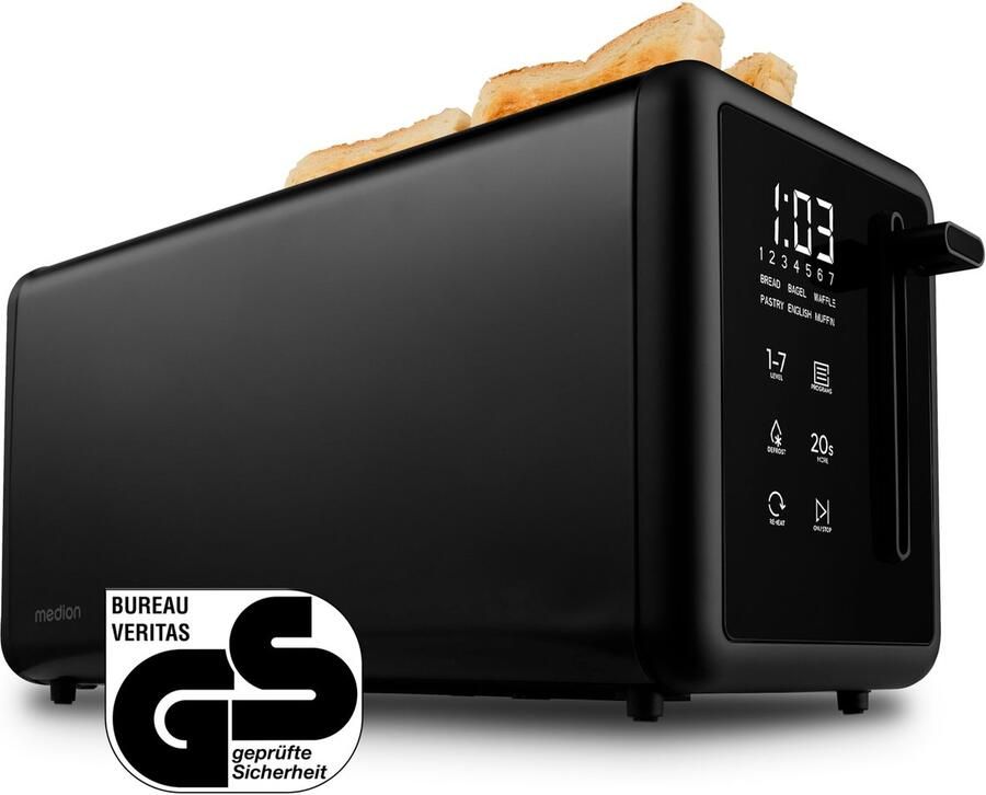 MEDION Broodrooster voor 4 sneetjes met broodjesopzet (7 bruiningsniveaus 5 programma s 1.450 W 2 lange sleuven ontdooien opwarmen mat RVS MD12103) zwart - Foto 2