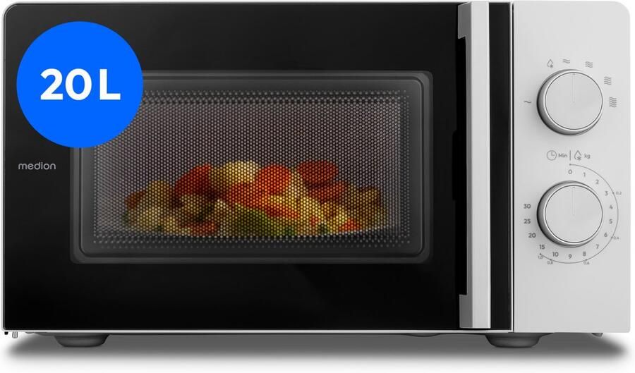 MEDION compacte magnetron (20 liter 700 watt ruimtebesparend ontwerp 5 vermogensniveaus ontdooifunctie timerfunctie MD12211) lichtgrijs [MODEL 2025]