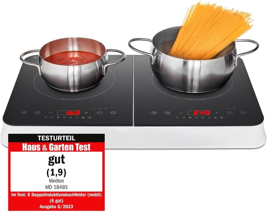 MEDION Dubbele inductiekookplaat MD 18493 3.500 watt inductievermogen 10 temperatuurinstellingen 180 min. timer kristalglazen oppervlak