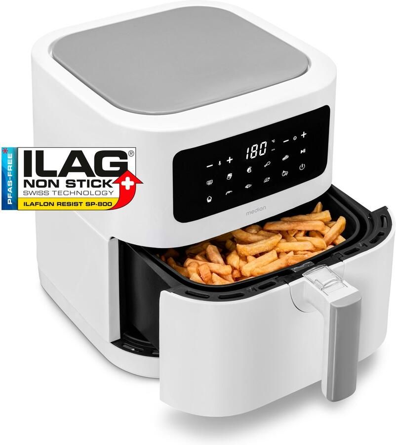 MEDION E40 XL heteluchtfriteuse (5 2 L airfryer 2 150 W 9 automatische programma s bakfunctie frituren zonder olie touchbediening LED-display) mat