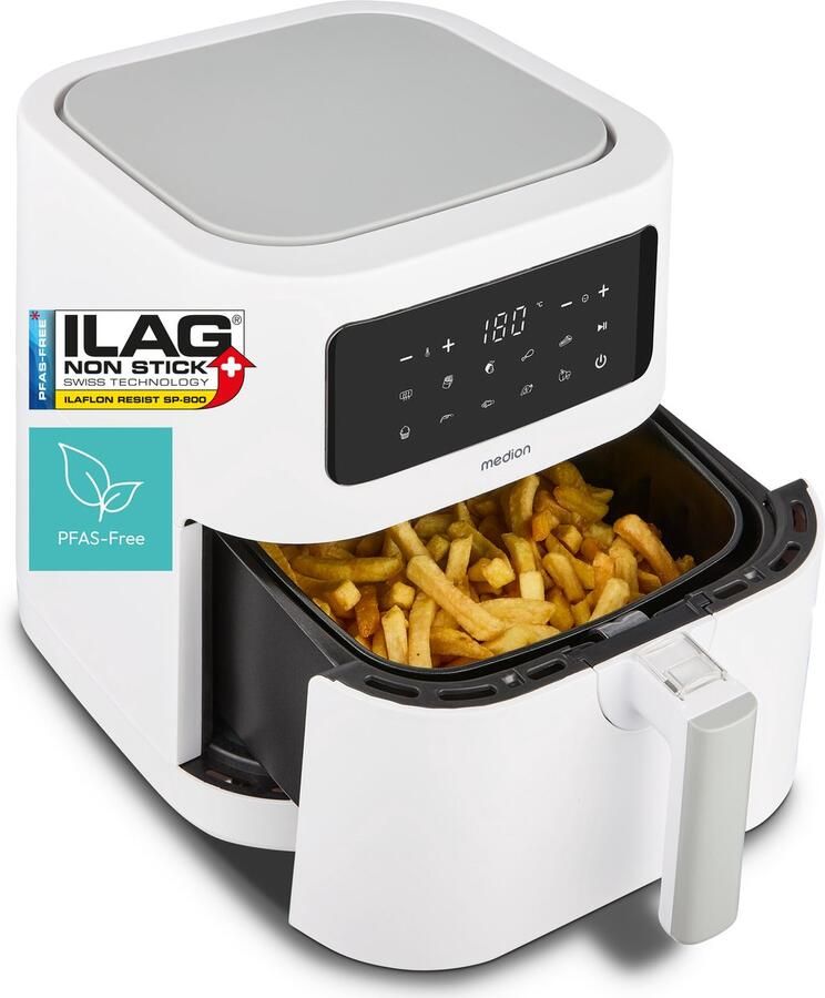 MEDION E40 XL heteluchtfriteuse (5 2 L airfryer 2 150 W 9 automatische programma s bakfunctie frituren zonder olie touchbediening LED-display) mat