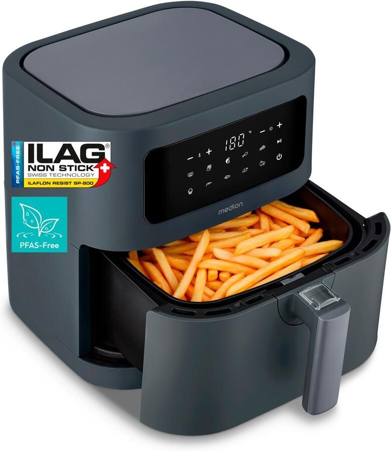 MEDION E40 XL heteluchtfriteuse (5 2 L airfryer 2 150 W 9 automatische programma s bakfunctie frituren zonder olie touchbediening LED-display) matgrijs