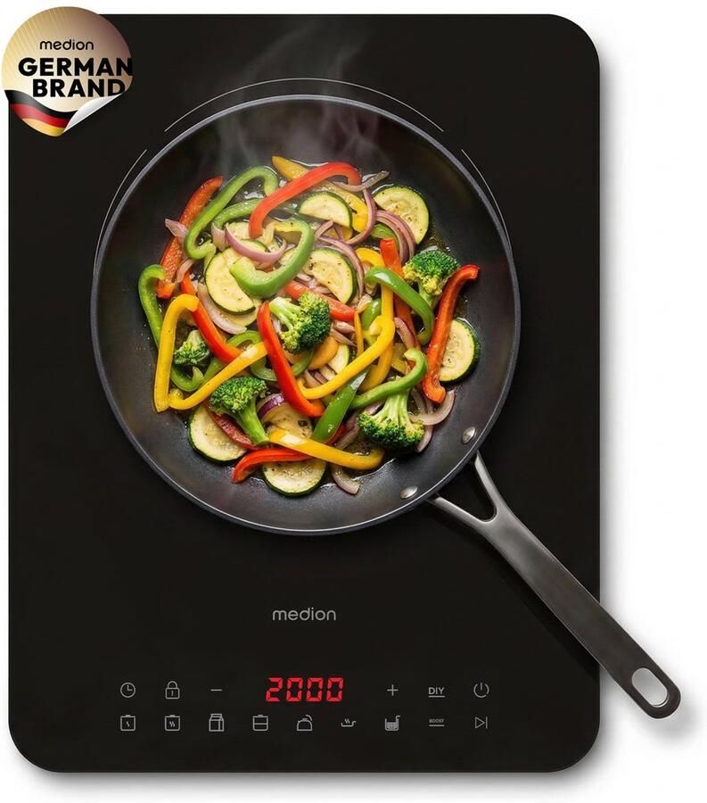 MEDION IC10S Inductiekookplaat 1 kookzone extra plat 2100 W 8 automatische programma's en handmatige modus led-display touchbediening kristalglas oppervlak