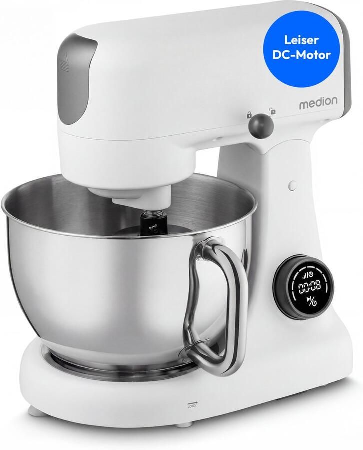 MEDION keukenmachine met hakmolen (800 watt gelijkstroommotor roestvrijstalen kom van 4 6 liter energiebesparend ultrastil digitaal sensor-touch-display MD12600) Wit