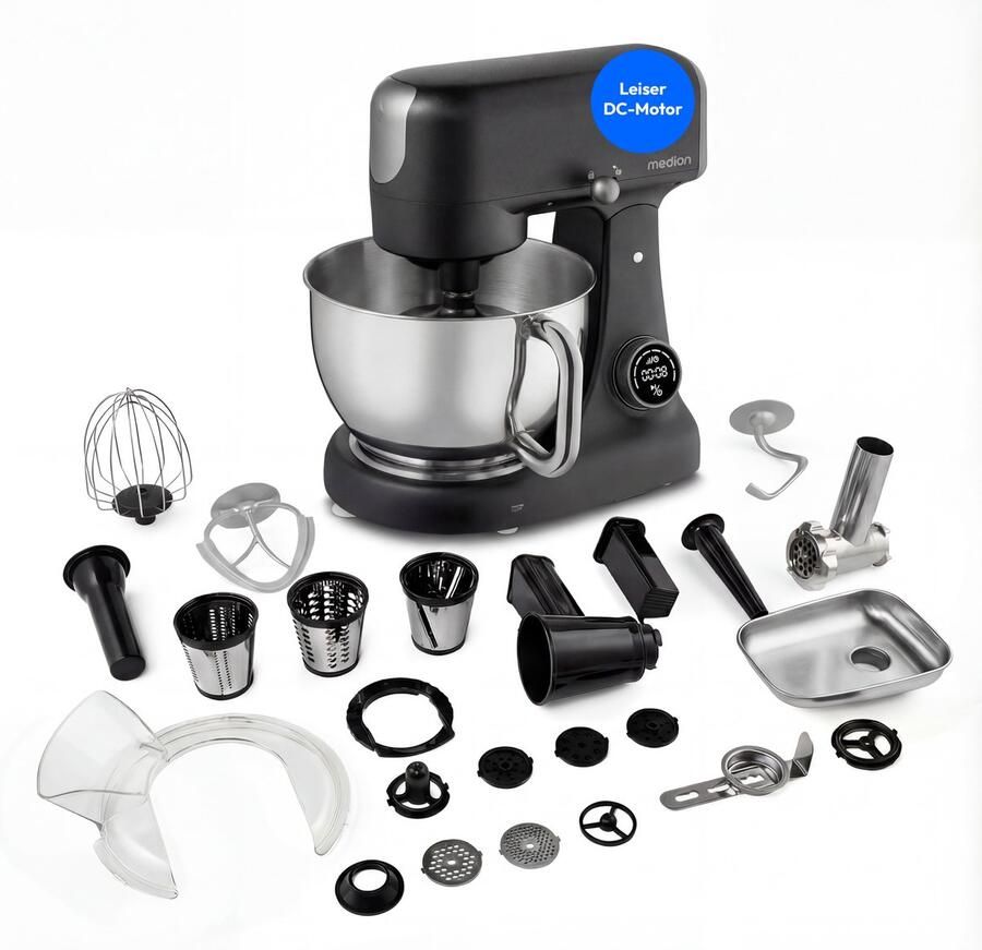 MEDION keukenmachine met vleesmolen (800 watt gelijkstroommotor roestvrijstalen kom van 4 6 liter energiebesparend zeer stil digitaal sensor-touch-display MD12600) Zwart