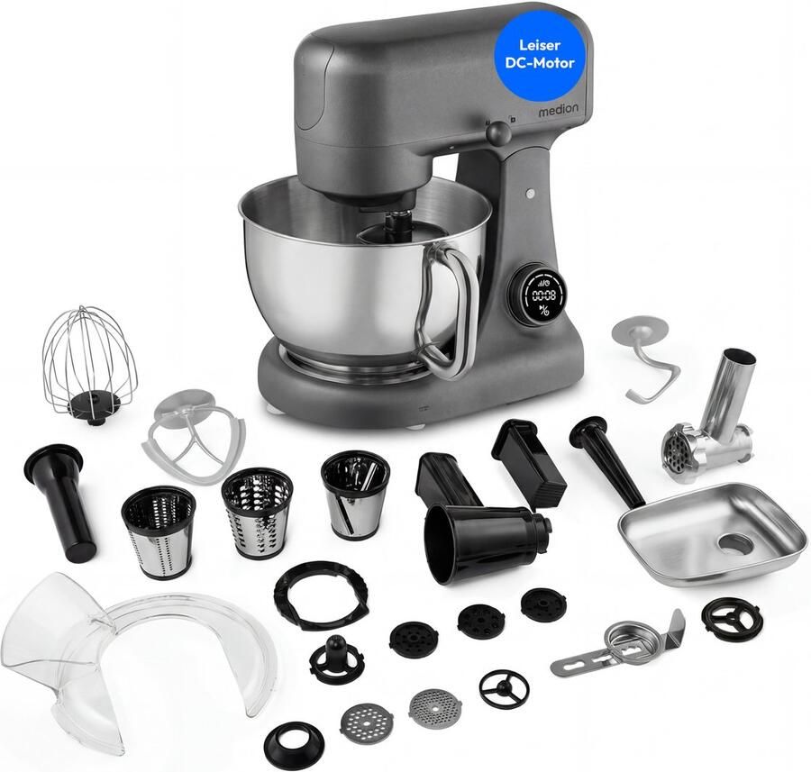 MEDION keukenmachine met vleesmolen (800 watt gelijkstroommotor roestvrijstalen kom van 4 6 liter energiebesparend zeer stil digitaal sensor-touchdisplay MD12600) Titanium