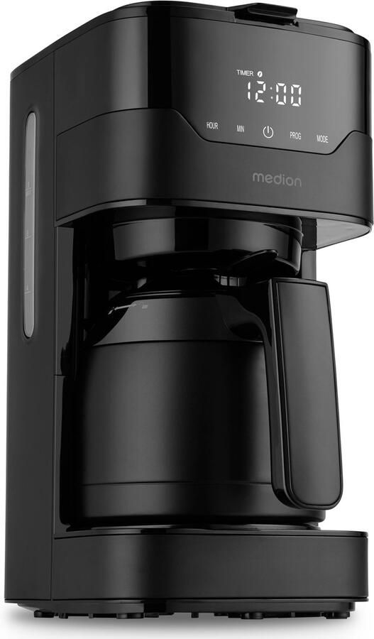 MEDION koffiezetapparaat met thermoskan en timer (filterapparaat 8 kopjes 1 2 liter 900 watt 3 standen warmhoudfunctie timer anti-druppel display MD18458) roestvrij staal