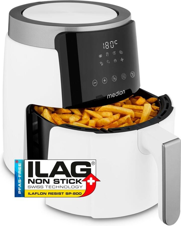 MEDION Airfryer P40 L (4 7 liter Heteleuchtfriteuse 1500 watt eenvoudige bediening olievrij frituren 60 min timer tot 200° C antiaanbaklaag MD13030) wit