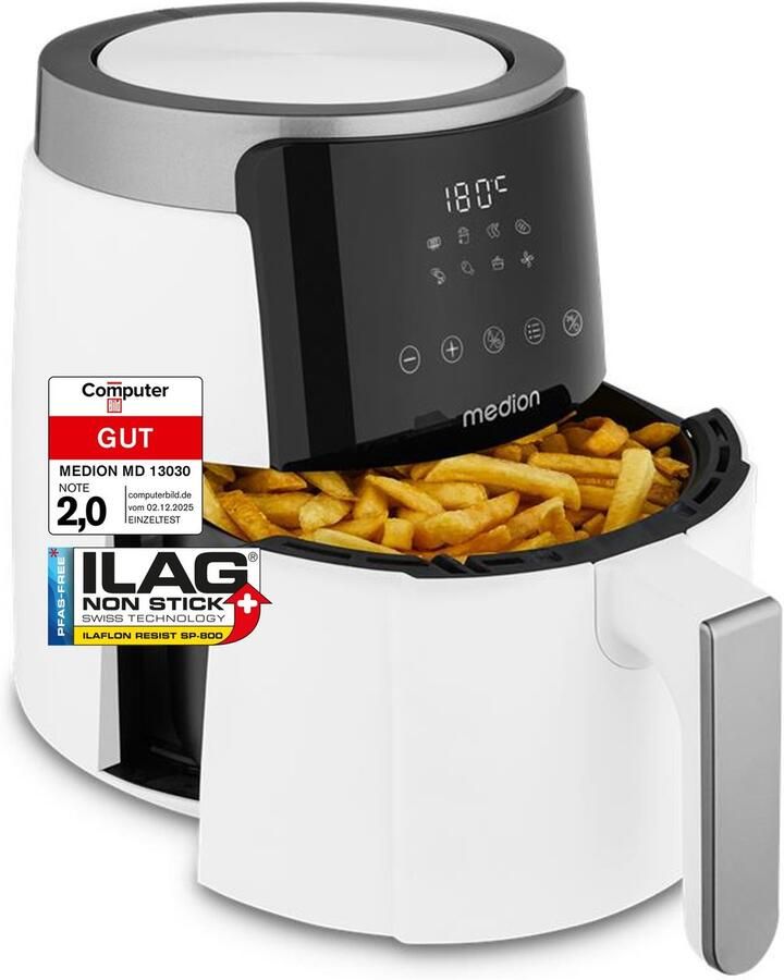 MEDION Airfryer P40 L (4 7 liter Heteleuchtfriteuse 1500 watt eenvoudige bediening olievrij frituren 60 min timer tot 200° C antiaanbaklaag MD13030) wit - Foto 2