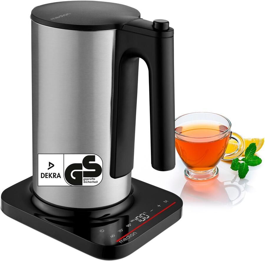 MEDION LIFE digitale waterkoker MD12106 2.200 watt vermogen 1 5 liter inhoud led-display led-lichtbalk automatische programma's kinderslot zilver
