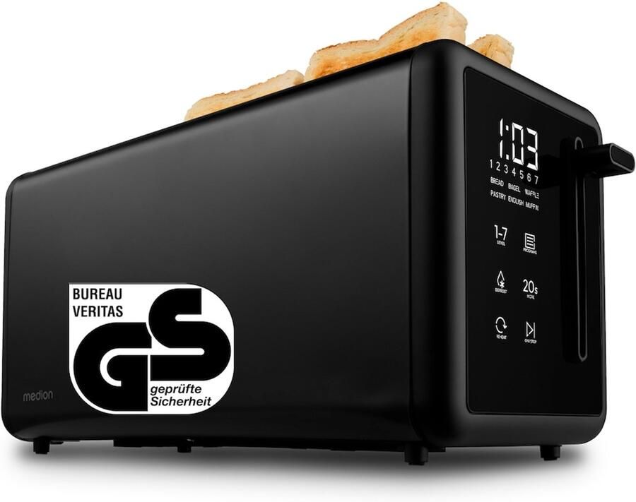 MEDION Broodrooster voor 4 sneetjes met broodjesopzet (7 bruiningsniveaus 5 programma s 1.450 W 2 lange sleuven ontdooien opwarmen mat RVS MD12103) zwart - Foto 3