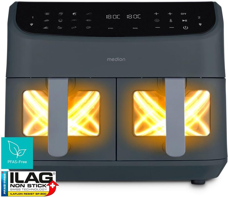 MEDION P20 XXL Heißluftfritteuse mit 2 Kammern (8 7 Liter Airfryer 2.600 Watt Doppelkammer 10 Automatikprogramme 2 Schubladen Sichtfenster Dualer Airfryer ILAG PFAS-frei MD11760) matt grau