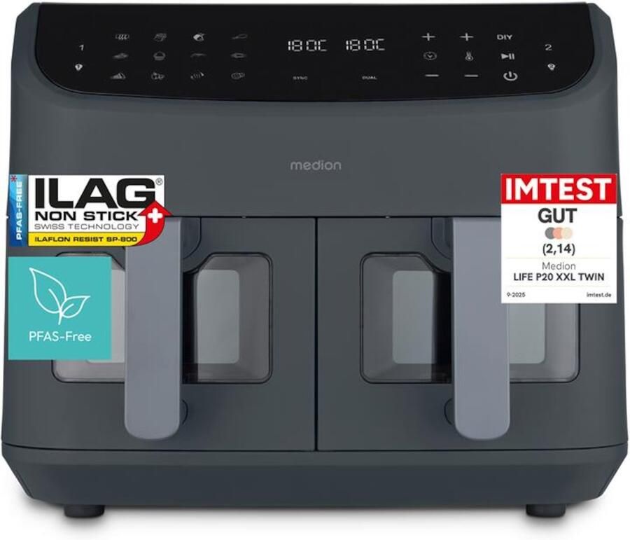 MEDION P20 XXL Heißluftfritteuse mit 2 Kammern (8 7 Liter Airfryer 2.600 Watt Doppelkammer 10 Automatikprogramme 2 Schubladen Sichtfenster Dualer Airfryer ILAG PFAS-frei MD11760) matt grau
