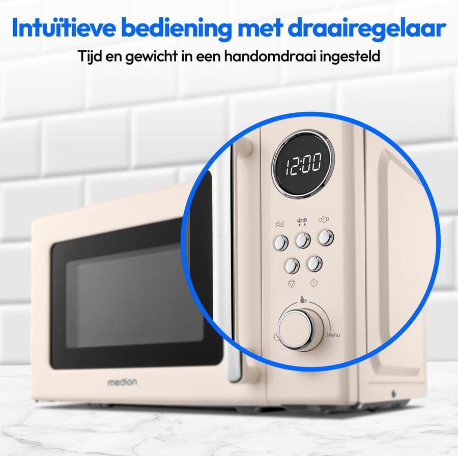 MEDION retro magnetron (20 liter ca. 800 watt 5 magnetronstanden 8 automatische programma's digitaal display ontdooifunctie compact MD15000) beige
