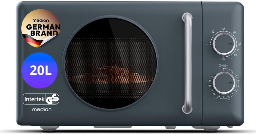 MEDION Retro magnetron met grill 20 L donkergrijs 800 watt 5 vermogensstanden 3 combiprogramma s timer ontdooifunctie MD100119