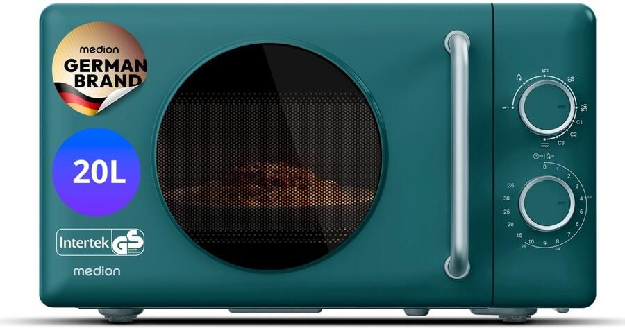 MEDION Retro magnetron met grill 20 L petrolblauw 800 watt 5 vermogensstanden 3 combiprogramma s timer ontdooifunctie MD100119