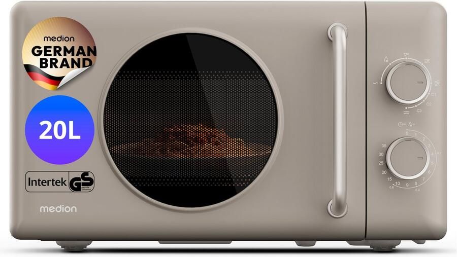 MEDION Retro Mikrowelle mit Grill 20 Liter klein & kompakt sandbeige 800 watt 5 vermogensstanden 3 combiprogramma s timer ontdooifunctie MD100119