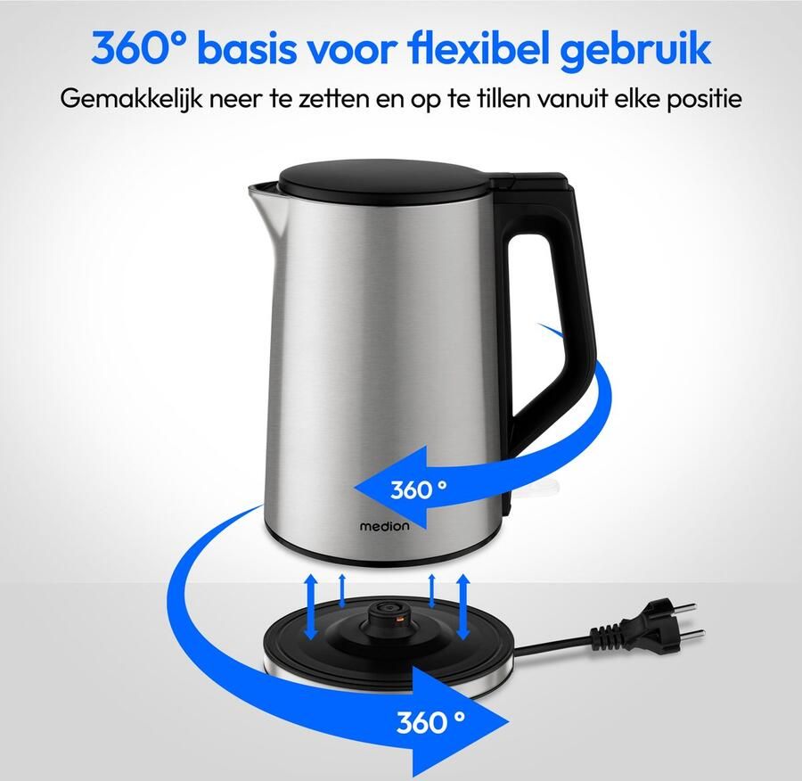 MEDION Waterkoker roestvrij staal (1 5 L 2.200 W 360° basis warmhoudfunctie LED-indicator dubbelwandig MD12105) zilver