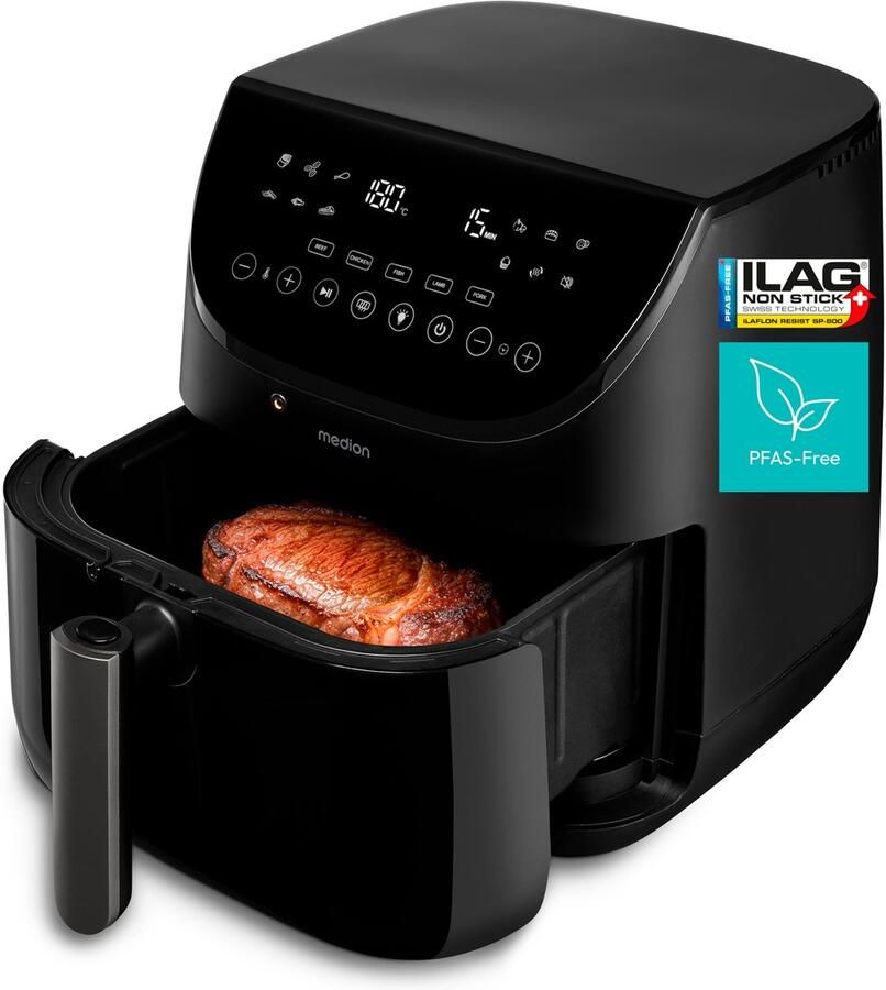 MEDION X20 XL Heteluchtfriteuse (6 L 5 vleesprogramma s met kerntemperatuursonde stille DC-motor 1.700 W 10 programma s PFAS-vrij ILAG coating)