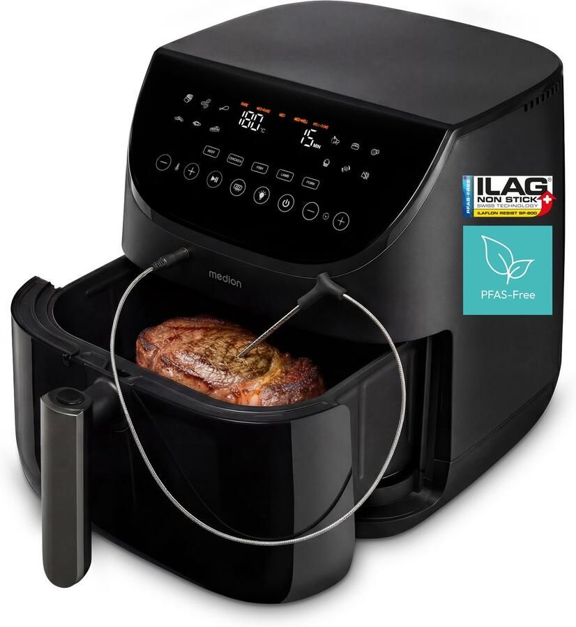 MEDION X20 XL Heteluchtfriteuse (6 L 5 vleesprogramma s met kerntemperatuursonde stille DC-motor 1.700 W 10 programma s PFAS-vrij ILAG coating)