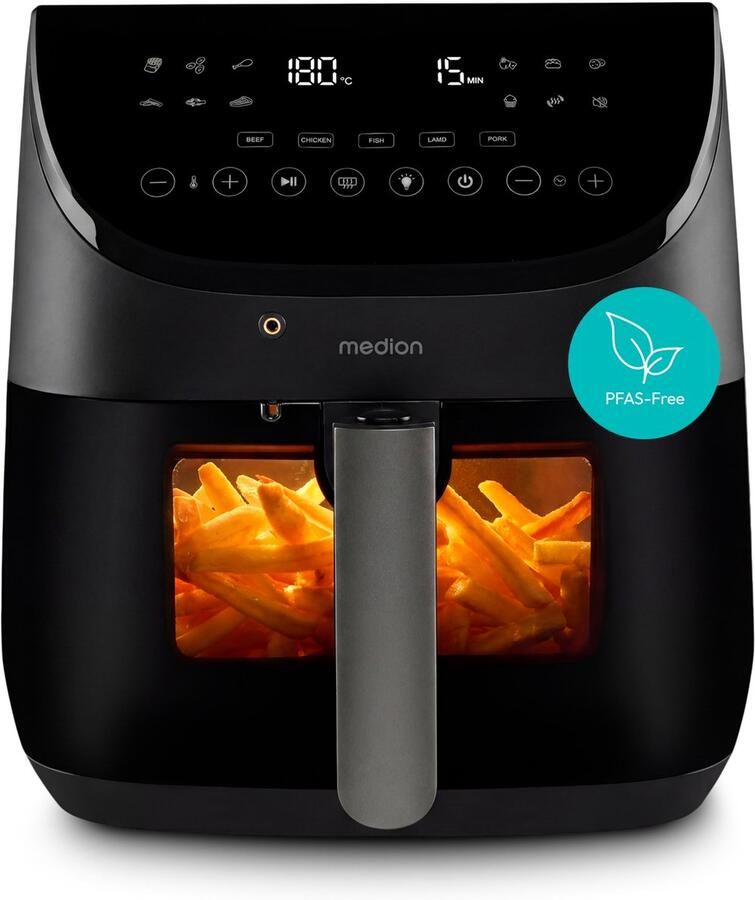 MEDION X20 XL Heteluchtfriteuse (6 L 5 vleesprogramma s met kerntemperatuursonde stille DC-motor 1.700 W 10 programma s PFAS-vrij ILAG coating)