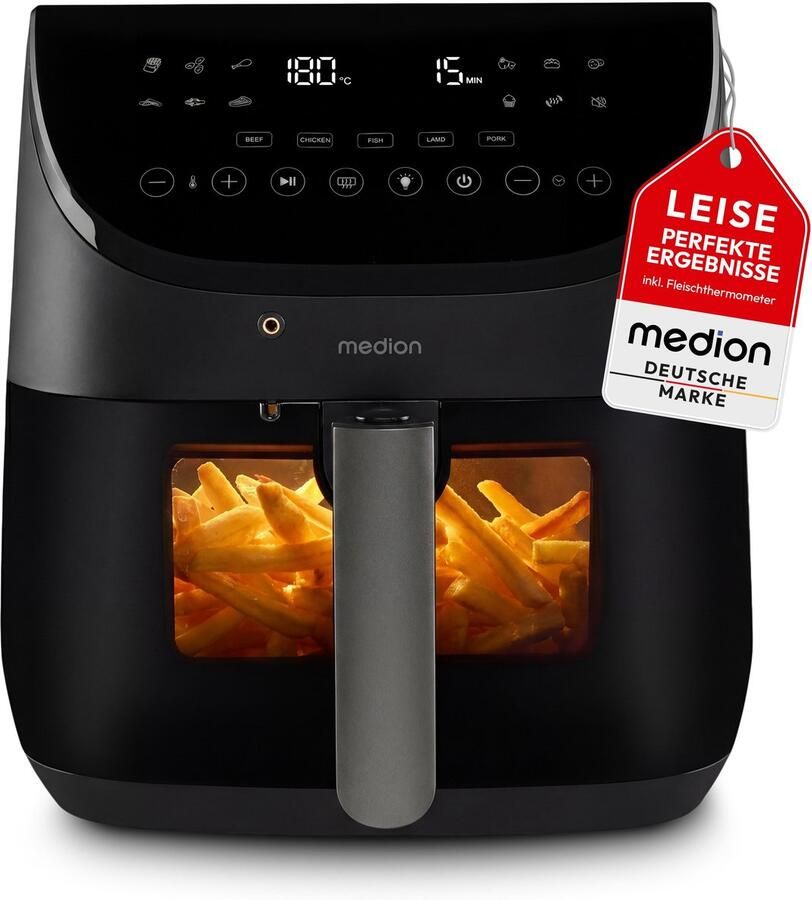 MEDION X20 XL Heteluchtfriteuse (6 L 5 vleesprogramma s met kerntemperatuursonde stille DC-motor 1.700 W 10 programma s PFAS-vrij ILAG coating)