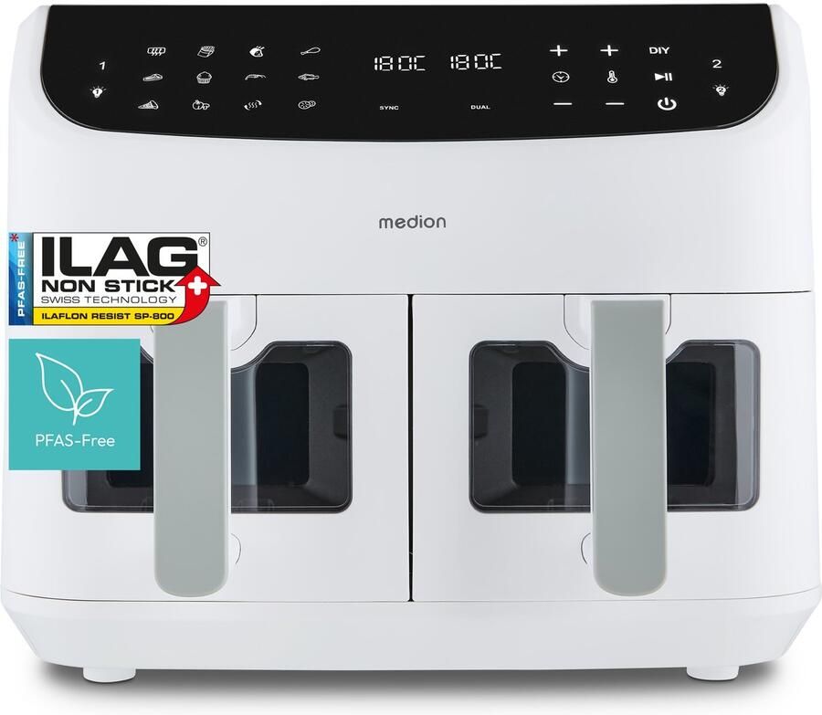 MEDION P20 XXL Heteluchtfriteuse met dubbele kamer (8 7 L Airfryer 2.600 W 10 automatische programma s 2 lades kijkvenster Dual Cook & Sync Finish) mat - Foto 2