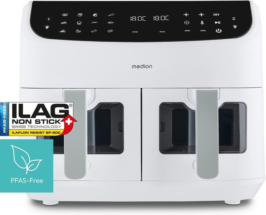 MEDION P20 XXL Heteluchtfriteuse met dubbele kamer (8 7 L Airfryer 2.600 W 10 automatische programma s 2 lades kijkvenster Dual Cook & Sync Finish) mat