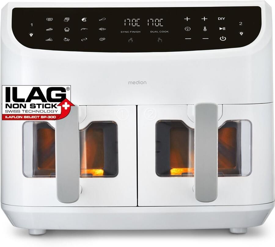 MEDION P20 XXL Dubbele Airfryer (8 7 liter 2.600 watt heteluchtfriteuse met 2 kamers kijkvenster 9 automatische programma's 2 lades Dual Airfryer Dual Cook & Sync finish functie) wit - Foto 3
